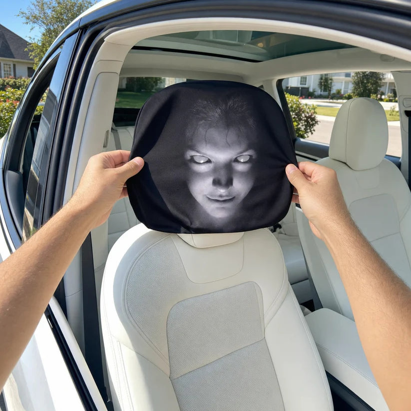 Grinning Face Car Headrest Cover – Funny Creepy Smile Car Seat Decor