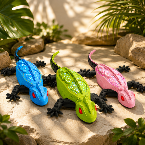 Realistic robot gecko toy climbing up a wall