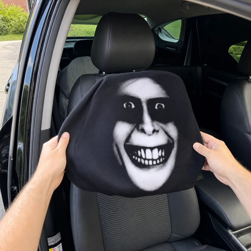 Grinning Face Car Headrest Cover – Funny Creepy Smile Car Seat Decor