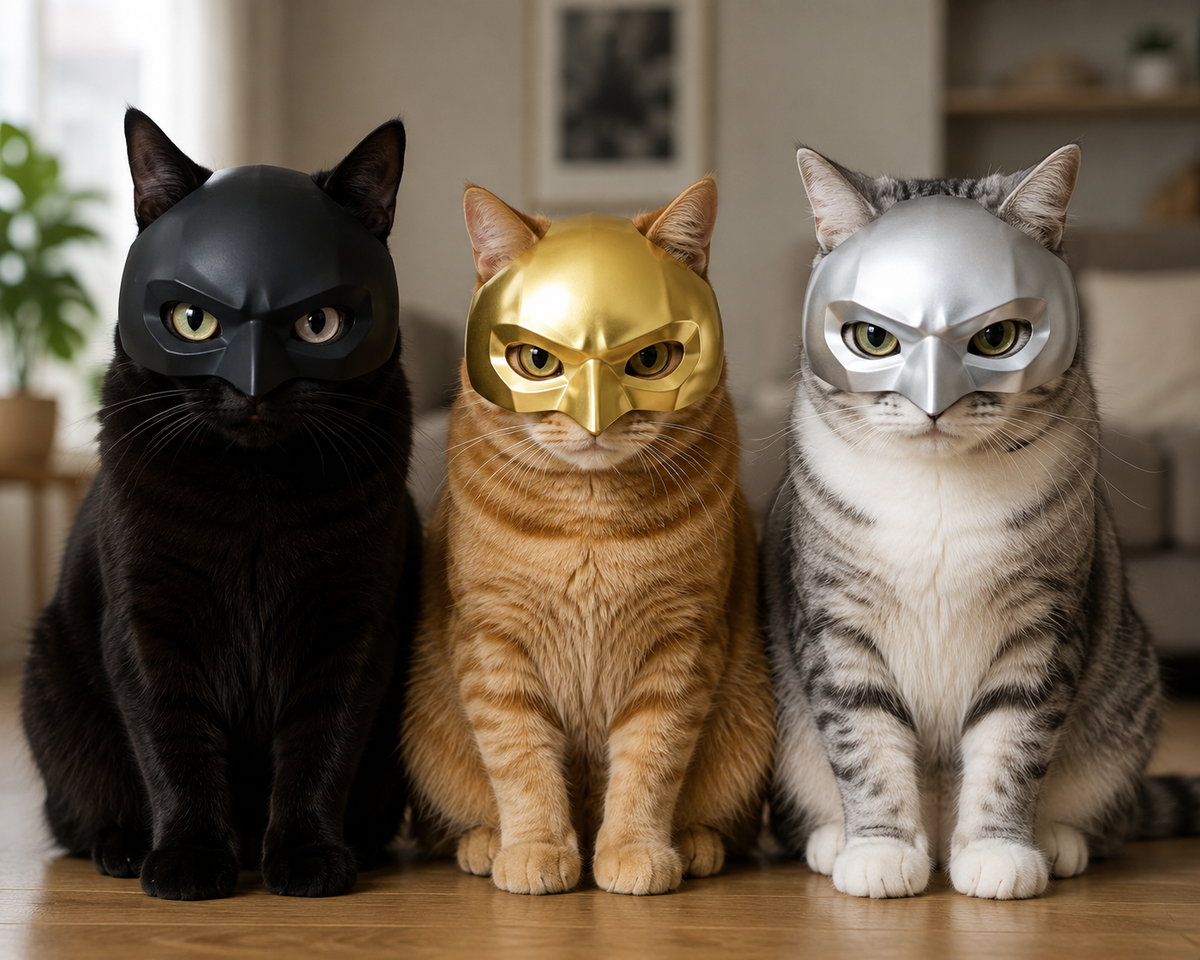 Cat wearing a black superhero Halloween mask