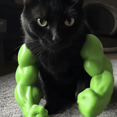 Cat wearing funny 3D-printed muscle arms costume
