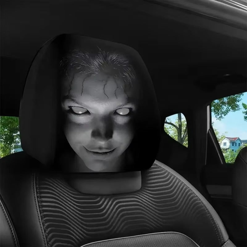 Grinning Face Car Headrest Cover – Funny Creepy Smile Car Seat Decor