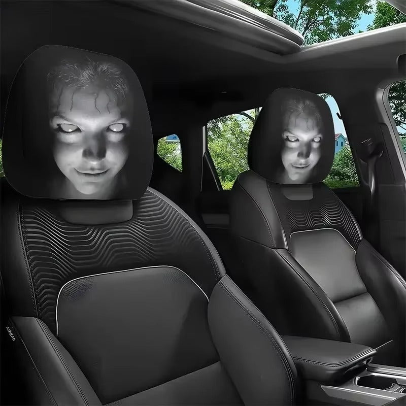 Grinning Face Car Headrest Cover – Funny Creepy Smile Car Seat Decor
